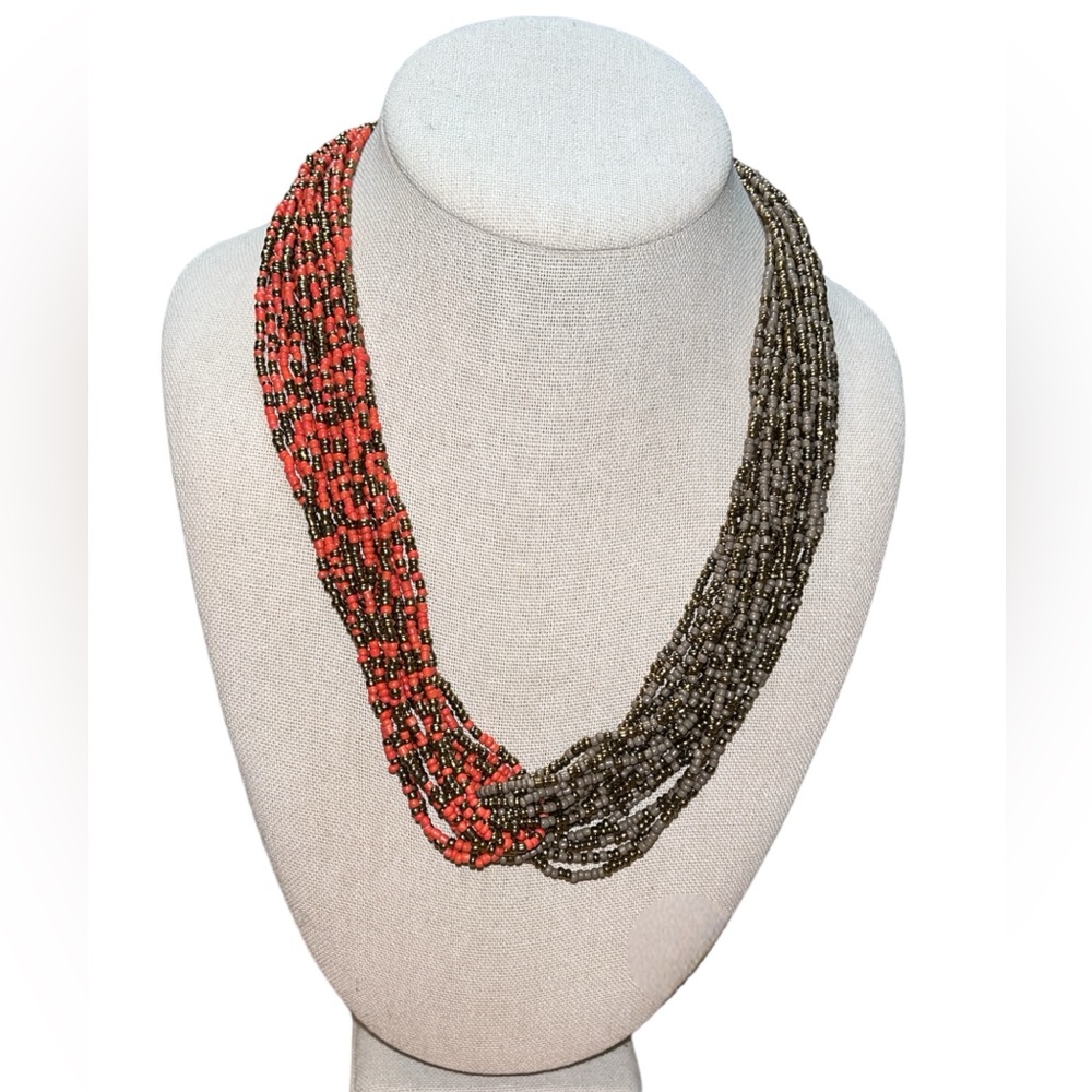Red and Grey Multi Strand Beaded Necklace